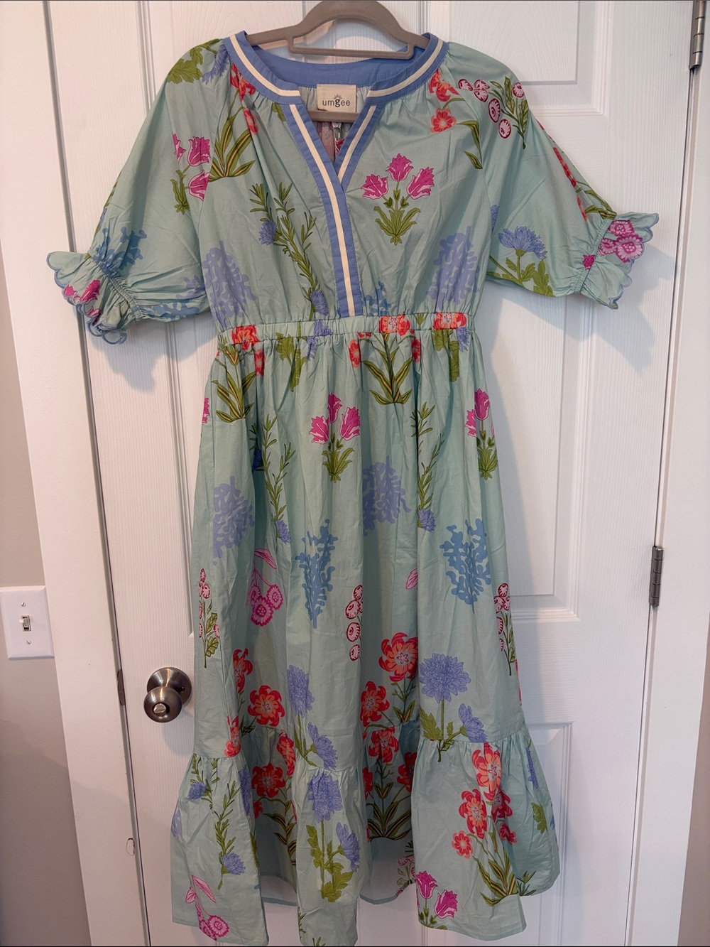 Umgee Mint Aqua Floral Maxi Dress Garden Party Puff Sleeves Gathered Waist